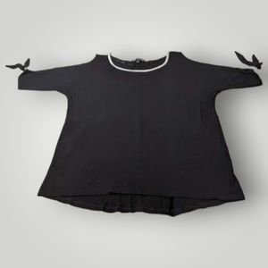 Cable & Gauge Women's L BLACK White Trim Bows STRETCH Jersey Short Sleeve Top